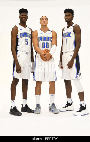 Orlando, Florida, USA. 24. September, 2018. (Von links nach rechts) Mohamed Bamba, Aaron Gordon und Jonathan Isaac für Fotos während der Tag an den Amway Center in Orlando, Florida. Photo Credit: Marty Jean-Louis Photo Credit: Marty Jean-Louis Credit: Marty Jean-Louis/Alamy leben Nachrichten Stockfoto