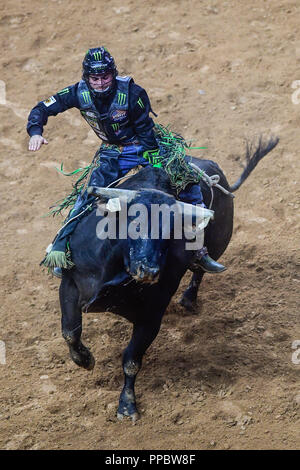 Fairfax, Virginia, USA. 23 Sep, 2018. José Vitor LEME reitet ein Stier namens Traktor Tippin in der zweiten Nacht der Konkurrenz an EagleBank Arena in Fairfax, Virginia statt. Credit: Amy Sanderson/ZUMA Draht/Alamy leben Nachrichten Stockfoto