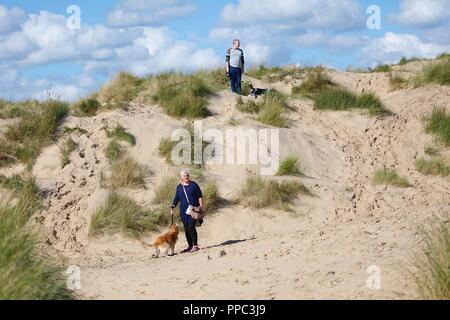 Sturz, East Sussex, UK. 19 Sep, 2018. UK Wetter: schönen sonnigen Tag am Strand von Camber Sands mit Menschen genießen die heißen sonnigen, herbstlichen Wetter. Dieser Mann klettert an die Spitze einer Düne. © Paul Lawrenson 2018, Foto: Paul Lawrenson/Alamy leben Nachrichten Stockfoto