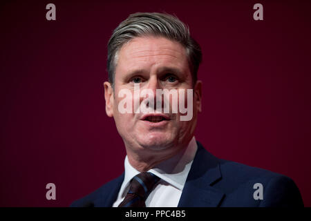 Liverpool, Großbritannien. 25. September 2018. Keir Starmer, Schatten Staatssekretär für die Europäische Union und Arbeit MP für Holborn und St Pancras spricht auf Konferenz der Labour Party in Liverpool. © Russell Hart/Alamy Leben Nachrichten. Stockfoto