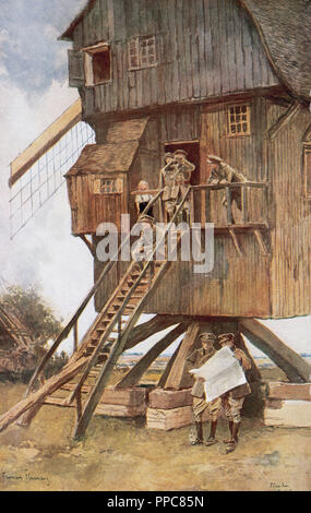 Erster Weltkrieg (1914-1918). Britische Beobachtungspunkt in eine Mühle. Frankreich. "Die französische Illustration', 1918. Stockfoto