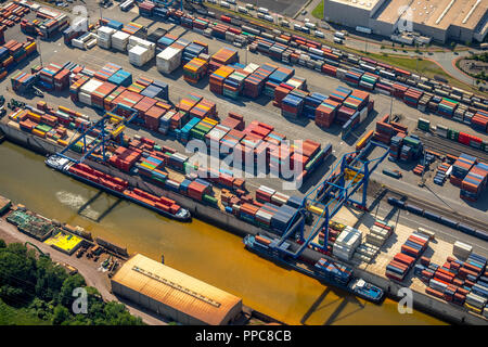 Luftaufnahme, der Duisburger Hafen am Rhein, logistikstandort Logport 1, Containerhafen, Rheinhausen, Duisburg, Ruhrgebiet Stockfoto