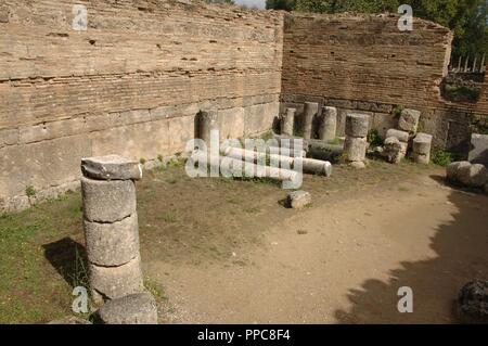 Griechische Kunst. Phidias Workshop Ruinen, in 430 BC gebaut, die Statue des Zeus zu Haus. Im fünften Jahrhundert, Theodosius II stellte sich das Gebäude in einem frühen christlichen Kirche. Olympia. Griechenland. Stockfoto