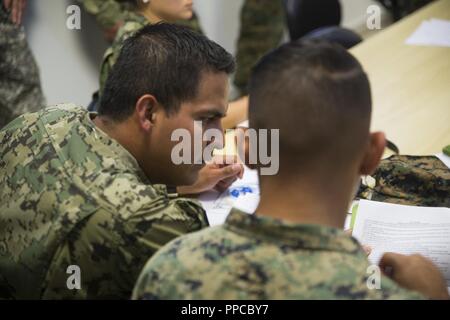 Die mexikanische Marine Infanterie Leutnant Celso Avendano spricht mit einem US-Marine über logisitcs in einer operativen Planung Team Meeting während des ersten Tages der UNITAS Amphibischen in Rio de Janeiro, Brasilien, August 20, 2018. Die gewonnenen Erkenntnisse und Verfahren während der diesjährigen Tischplatte Übung wird die UNITAS amphibischen Bereich Training übung im Jahr 2019 informieren. Der Vorsatz für das nächste Jahr ist die Veranstaltung ist den teilnehmenden Partnern auf See zu begeben. Dieses dient als Proof-of-Concept für die Herstellung der Interoperabilität zwischen den Seestreitkräften der Region - und letztlich die Entwicklung einer ständigen multinati Stockfoto