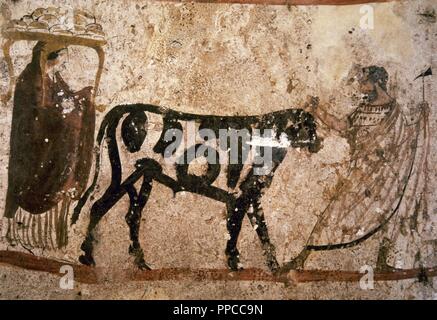 Magna Graecia. Lukanischen Grab. Griechischen Stil malen mit kursiv Einfluss Darstellung einer funerary Prozession. Detail. 4. Jh.V.Chr. Archäologisches Museum von Paestum. Italien. Stockfoto