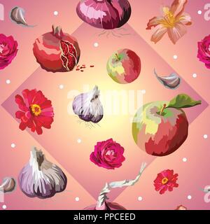 Vektor bunten Illustrationen. Nahtlose Muster mit unterschiedlichen Blumen, Gemüse und Obst Apfel, Rose, Knoblauch, Granatapfel, isoliert auf Rosa gradie Stock Vektor