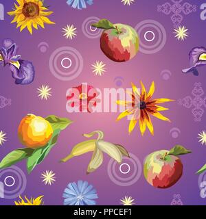 Vektor bunten Illustrationen. Nahtlose Muster mit Blumen und Früchten Zitrone, Banane, Apfel, Sonnenblume, auf lila Hintergrund mit Farbverlauf Stock Vektor