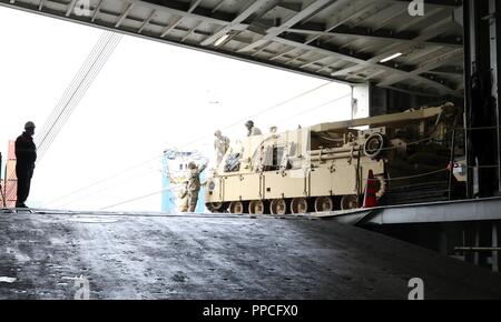 Ein Lot mit dem 2/278 th Armored Cavalry Regiment, eine Nationalgarde Einheit aus Knoxville, Tennessee, Boden führt ein M88 aus einem Containerschiff im Hafen von Danzig, Polen, August 28. Polen ist einer der vier Nationen über die NATO-Enhanced, Präsenz, Betrieb Atlantic lösen, ein 9-monatiges Training Mission für die Reserve, die Nationalgarde und Active Duty Einheiten mit NATO-Partnern im Engagement für Frieden, Sicherheit und Stabilität in Europa. Stockfoto
