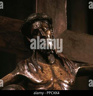 Christus der Figurengruppe der Abstammung oder heiligen Geheimnis, 1250. Detail. Kirche des Klosters Sant Joan de les Abadesses (San Juan de las Abadesas), Provinz Girona, Katalonien, Spanien. Stockfoto