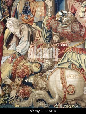 Wandteppich der Ehren-Serie. Durch flämische Pieter van Aelst, aus dem 16. Jahrhundert. Detail der Tapisserie die Ehre der Darstellung der Römischen König Tarquin der Stolze (d.496 BC) fallen von seinem Pferd. Museum der Wandteppiche. Royal Palace von La Granja de San Ildefonso. Provinz Segovia. Kastilien und Leon. Spanien. Nationales Erbe. Stockfoto