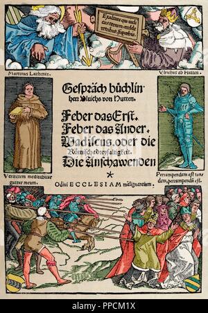 Ulrich von Hutten (1488-1523). Deutsche Schriftsteller und Theologe. Broschüre der Gespräche. Abdeckung. Faksimile. Gravur in der Geschichte der Bundesrepublik Deutschland, 1882. Gefärbt. Stockfoto