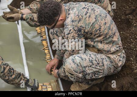 Sgt. Payton S. Lawler richtet verschiedene Waffen Munition auf detasheet Sept. 3, 2018 am Lager Fuji, Japan. Marines mit Beseitigung von Explosivstoffen Firma, 9 Techniker, 3. Marine Logistics Group, verwenden Sie detasheet, einem Gummierten explosiv, für große zur Verfügung. Eastman Kodak Company Marinen validiert und vorbereitet für weltweite Mission Einsatz zur Unterstuetzung der III Marine Expeditionary Force durch Prüfung ihrer Fähigkeit zu deaktivieren und die Entsorgung von Explosivstoffen. Lawler ist ein Eingeborener von Green Bay, Wisconsin. Stockfoto