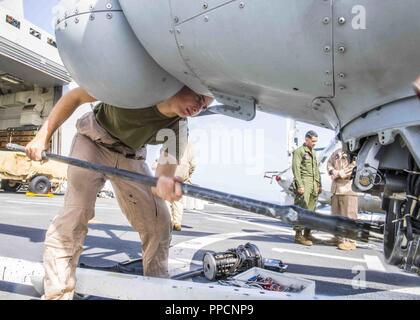 Indischer Ozean (Sept. 3, 2018) Marines Corps Cpl. Wyatt Navarro, zugeordnet zu den Marine Medium Tiltrotor Squadron (VMM) 166 (Lauf), führt die Wartung eines AH-1 Z Viper Hubschrauber auf dem Flight Deck von San Antonio - Klasse amphibious Transport dock USS Anchorage LPD (23), die während einer planmäßigen Einsatz von Essex Amphibious Ready Group (ARG) und 13th Marine Expeditionary Unit (MEU). Das Essex ARG/13 MEU ist eine tödliche, flexibel, und anhaltende Navy-Marine Corps Team in die USA 5 Flotte Bereich der Maßnahmen zur Unterstützung der Marine im Einsatz für die Stabilität und Sicherheit in der C zu gewährleisten Stockfoto