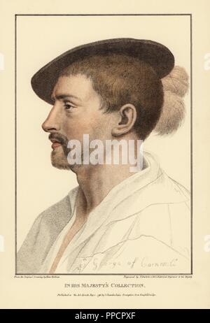 Simon George von Quocoute, Cornwall. Verheiratet Thomasine Lanyon. Papierkörbe Kupferstich von Francis Bartolozzi nach Hans Holbein aus Faksimiles von Originalzeichnungen von Hans Holbein, Hamilton, Adams, London, 1884. Stockfoto