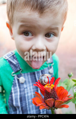 Schnecke auf rote Blume. Fröhlicher kleiner Junge spielt im Park mit Schnecke am Tag Zeit. Kid Schnecke beobachten. Stockfoto