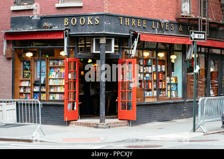 New York City, USA - 22. Juni 2018: Die drei Leben und Co Buchhandlung in Greenwich Village. Außenansicht Stockfoto