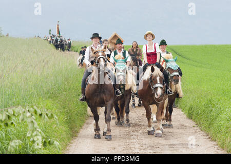 Die traditionelle "Leonhardiritt" in Holzhausen - Teisendorf, Float' den Kalvarienberg' - Oberbayern, Deutschland. Während der Parade, die zuerst im Jahre 1612 erwähnt wurde, die schön gekleidet Pferde werden gesegnet. Stockfoto