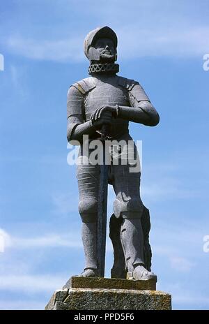 Philipp II. von Spanien (Valladolid, 1527 - El Escorial, 1598). König von Spanien (1556-1598) und Portugal (1580-1598) als Philip I. Statue von König Philipp II., der die Zitadelle gebaut oder das Schloss von St. Peter. Das Kunstwerk wurde von Ramon Casadevall im Jahre 1970 Einer der Soldaten, die zu dieser Zeit in der fortificacion während des Militärdienstes ausgelegt wurden so geformt. In Jaca, Provinz Huesca, Aragón, Spanien. Stockfoto