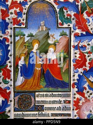 Visitation. Maria besucht Elisabet. Maria ist schwanger mit Jesus und Elizabeth ist schwanger mit Johannes dem Täufer. Buch der Stunden. Miniatur, aus dem 14. Jahrhundert. Conde Museum. Chantilly. Frankreich. Stockfoto