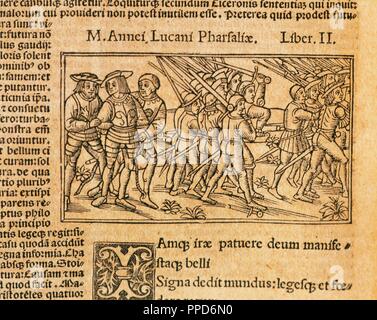 Lucan (39-65). Lateinische Dichter. Pharsalia. Cover der Ausgabe von 1541. Gedruckt in Lissabon. Gravur. Stockfoto