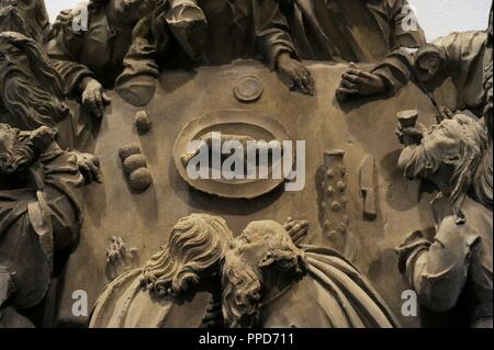 Das letzte Abendmahl aus dem Sakrament Haus der Kölner Dom, Deutschland. Köln, C. 1510. Skulpturengruppe. Detail. Baumberg Sandstein. Schnu tgen Museum. Köln, Deutschland. Stockfoto