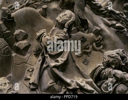 In Jesu Gebet. Christus am Ölberg, aus dem Sakrament Haus der Kölner Dom, Deutschland. Skulpturengruppe, Detail. Köln, C. 1510. Baumberg Sandstein. Schnu tgen Museum. Köln, Deutschland. Stockfoto