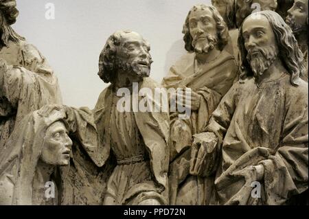 Die Ansammlung von St. Lazarus. Skulpturengruppe, Detail. Workshop von Heinrich Brabender, Westfalen, 1510-1520. Baumberg Sandstein mit Spuren der Polychromie. Schnu tgen Museum. Köln, Deutschland. Stockfoto