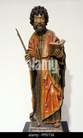 St. Bartholomäus. Einer der Zwölf Apostel. Eiche, polychrome. Niederrhein, Anfang des 16. Jahrhunderts. Deutschland. Museum Schnu Tgen. Köln, Deutschland. Stockfoto