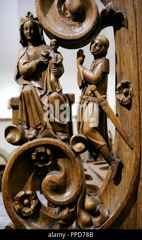 Chorgestühl der ehemaligen Stiftskirche St. George aus Wassenberg am Niederrhein, Deutschland, C. 1298. Eiche. Detail. Museum Schnu Tgen. Köln, Deutschland. Stockfoto