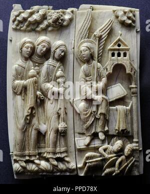 Die drei Mayrs am Grab. Köln, C. 1150-1160. Deutschland. Walrus Ivory. Museum Schnu Tgen. Köln, Deutschland. Stockfoto