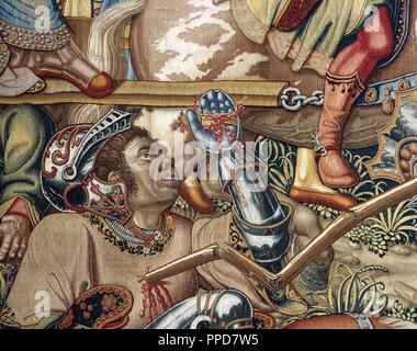 Wandteppich "Die Niedertracht, Teil der Ehren-Serie. Arbeit der flämischen Pieter van Aelst, aus dem 16. Jahrhundert. Detail von Römischen Kaiser Julian der Abtrünnige (330-363) vom Pferd fallen, die durch den Tod besiegt, dass ein Speer in seinem Herzen haften. Museum der Wandteppiche. Royal Palace von La Granja de San Ildefonso. Provinz Segovia. Kastilien und Leon. Spanien. Nationales Erbe. Stockfoto