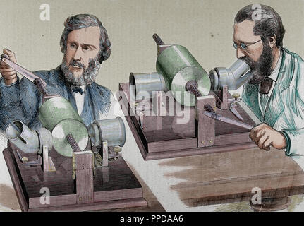 Phonographen. Gegründet 1877 von Alva (Mailand, Ohio, 1847-West Orange, 1931). Farbige Gravur. Stockfoto