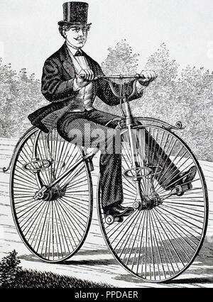 Altes Fahrrad. USA. XIX Jahrhundert Gravur. Stockfoto