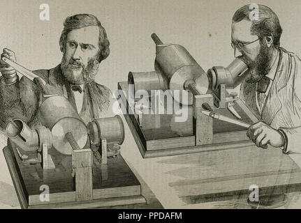 Phonographen. Gegründet 1877 von Alva (Mailand, Ohio, 1847-West Orange, 1931). Gravur. Stockfoto