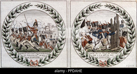 Ejército de 'LOS CIEN MIL HIJOS DE SAN LUIS', capitaneados Por El Duque de ANGULEMA (1775-1844) que fue enviado por la SANTA Alianza para poner en 1823 fin Al periodo conocido por'TRIENIO LIBERAL' (1820-1823) en España. Con la 'DERROTA Viñetas DE LAS TROPAS DEL EJERCITO CONSTITUCIONAL POR FUERZAS FRANCESAS EIN LAS AFUERAS DE BARCELONA 'y' TOMA DE MATARO'. Museo Municipal. Madrid. España. Stockfoto