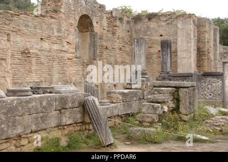 Griechische Kunst. Phidias Workshop Ruinen, in 430 BC gebaut, die Statue des Zeus zu Haus. Im fünften Jahrhundert, Theodosius II stellte sich das Gebäude in einem frühen christlichen Kirche. Olympia. Griechenland. Stockfoto