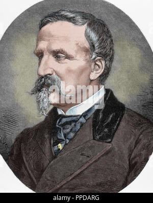Aumale, Henri Eugene Philippe d'Orleans, Herzog von (Paris, 1822, Zucco, 1897). Vierter Sohn von Louis Philippe. 1840 nahm er teil an der Kampagne von Algerien, war der allgemeine Gouverneur der französischen Herrschaften in Afrika im Jahr 1847 benannt. Nach dem Fall von Louis Philippe in der Revolution 1848 emigrierte er nach Großbritannien. Farbige Gravur. Stockfoto
