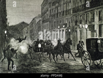 Angriff auf Isabella II. (1830-1904) und König Franz von Spanien (1822-1902). Madrid. Spanien. Kupferstich von 1872. Stockfoto