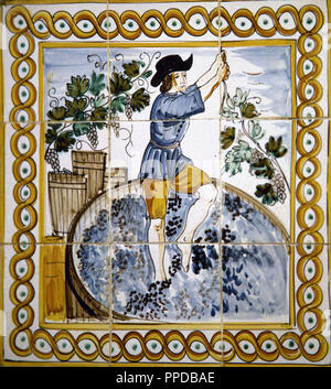 Azulejo. Drücken Wein. Weinmuseum. L ' Espluga de Francoli, Provinz Tarragona. Katalonien, Spanien. Stockfoto