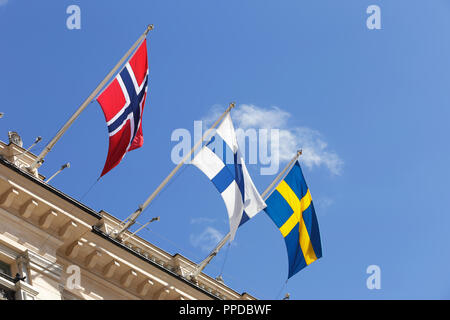 Flaggen von Norwegen, Finnland und Schweden. Stockfoto