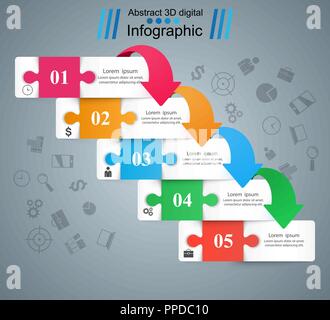 Puzzle business Infografik. Fünf Papier. Stock Vektor