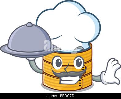 Koch mit Essen Bambus steamer Essen auf Maskottchen isoliert Stock Vektor