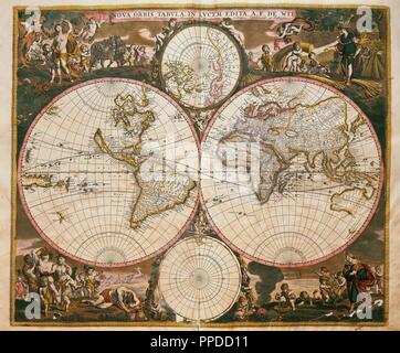 Nova Orbis Tabula in Lucem Edita (ca. 1665). Weltkarte von Frederick de Wit (1630-1706), niederländischer Mathematiker und Kartograph. Amsterdam, 17. Jahrhundert. Stockfoto