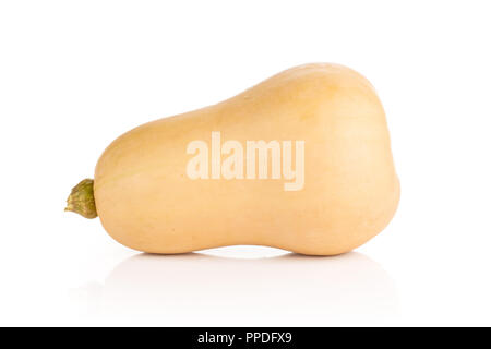 Eine ganze glatte Birnenförmig orange Kürbis waltham Vielfalt auf weißem Hintergrund Stockfoto