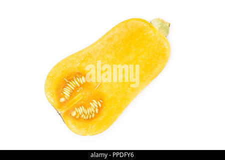 Die eine Hälfte der glatten Birnenförmig orange Kürbis waltham Vielzahl flatlay auf weißem Hintergrund Stockfoto