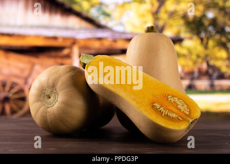 Gruppe von zwei ganze Hälfte des glatten Birnenförmig orange Kürbis waltham Sorte mit Warenkorb im Hintergrund Stockfoto