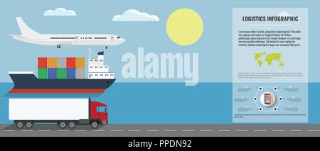 Infografik Logistik und Transport Vorlage. Flugzeug, Schiff und TIR-Lkw mit Infografik. Vector Illustration. Stock Vektor