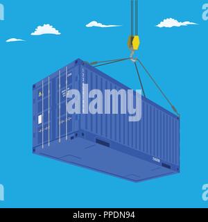 Der Hafenkran Aufzüge blauer Container. Blick von unten. Logistikkonzept Vector Illustration. Stock Vektor