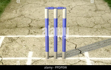 Eine Reihe von Blue cricket Wickets, die auf eine gerissene Rasenplatz Hintergrund - 3D-Rendering Stockfoto