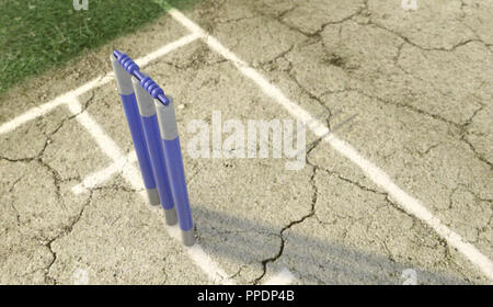 Eine Reihe von Blue cricket Wickets, die auf eine gerissene Rasenplatz Hintergrund - 3D-Rendering Stockfoto